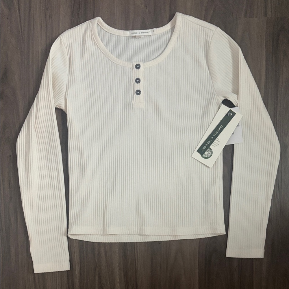 Threads 4 Thought Ecru Long Sleeve Ribbed Henley Top Sz 12 NWT